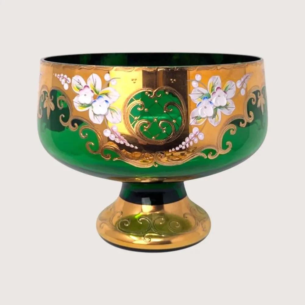 1960s Bohemian Green Glass High Enamel Gold Trim Bowl Cordial Set